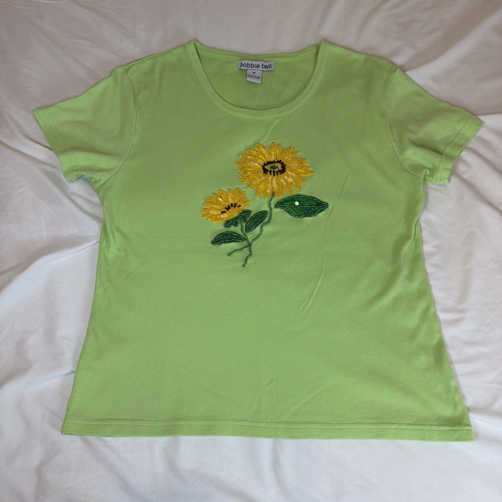 Bobbie Bell Sunflower T-Shirt Top Cotton Size Medium Vintage Beaded